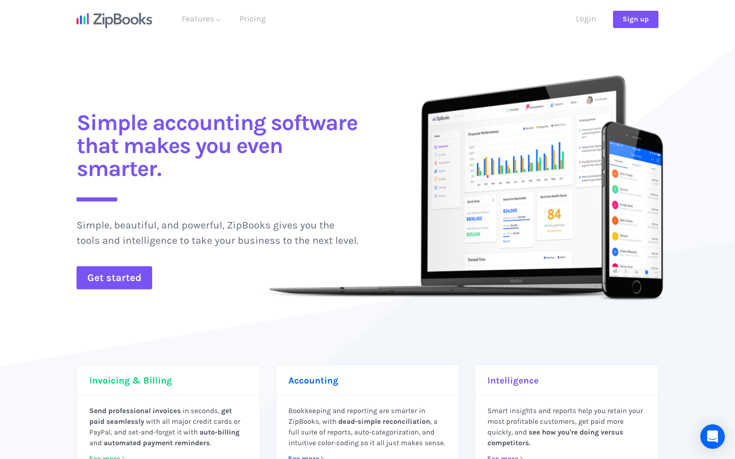 ZipBooks accounting software homepage showing invoicing dashboard and free plan signup