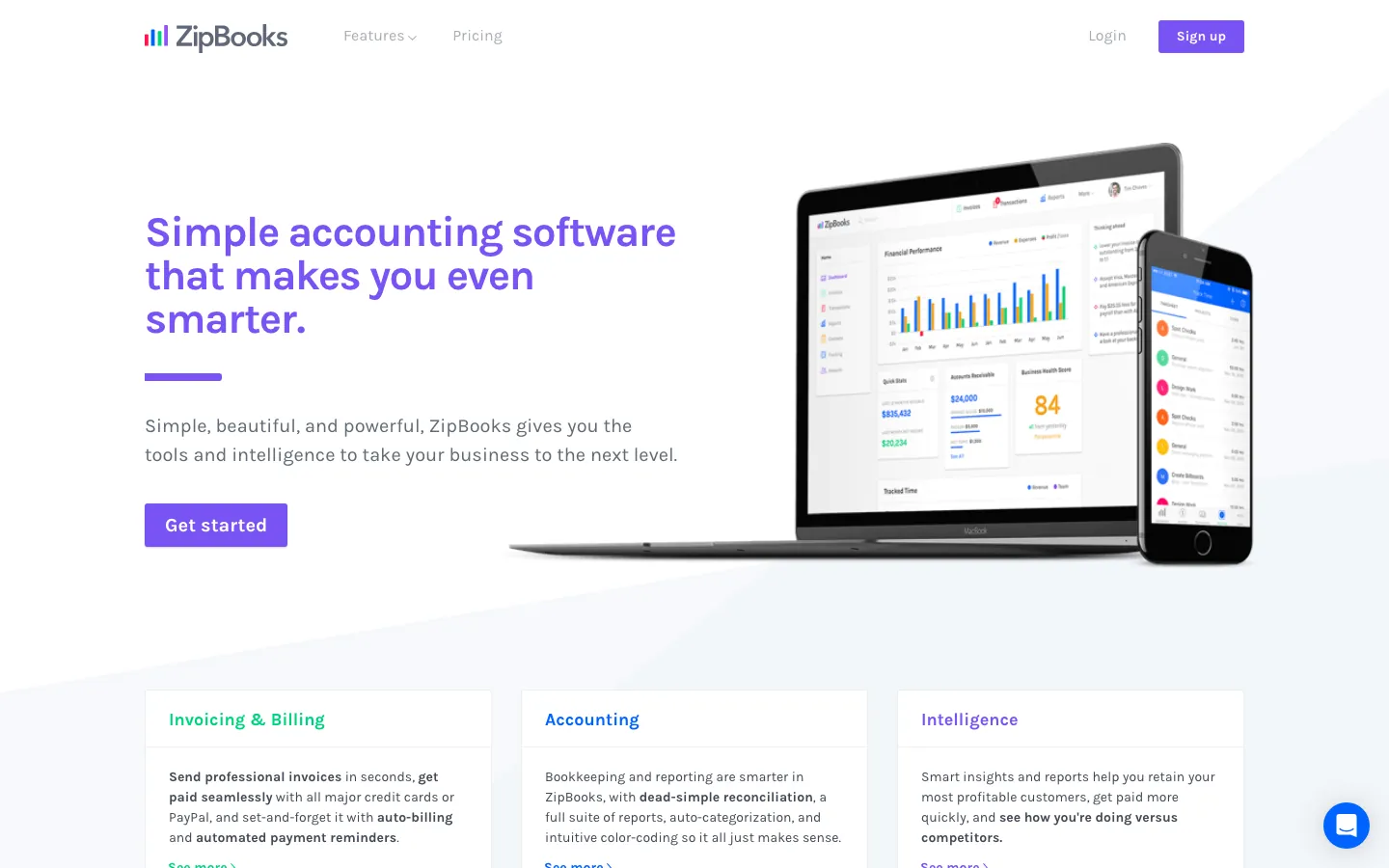 ZipBooks accounting software homepage showing invoicing dashboard and free plan signup