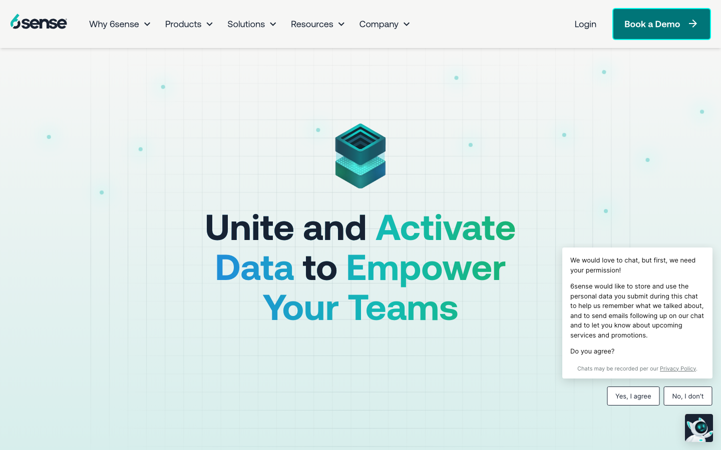 6sense Revenue AI homepage showing Unite and Activate Data to Empower Your Teams headline