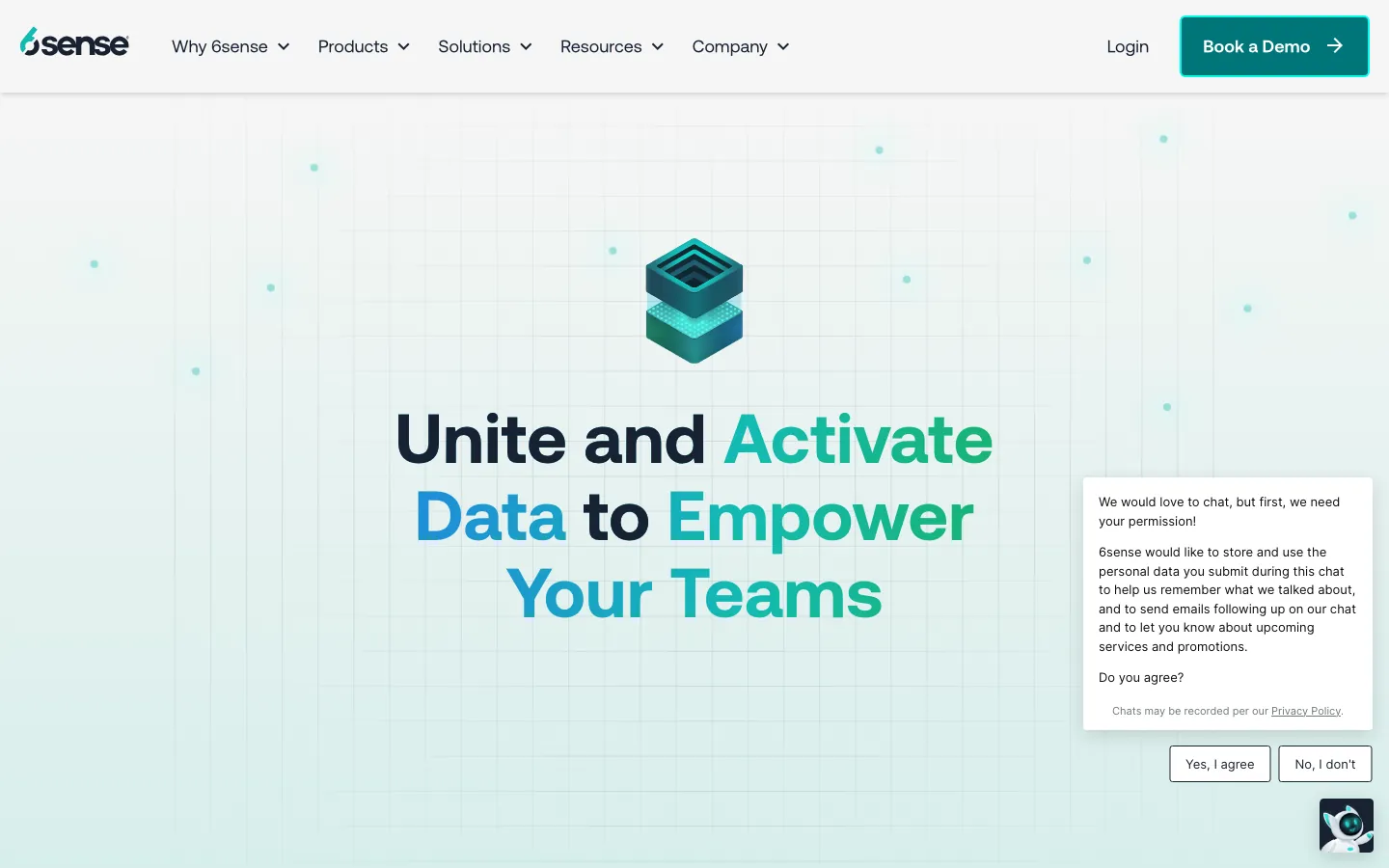 6sense Revenue AI homepage showing Unite and Activate Data to Empower Your Teams headline