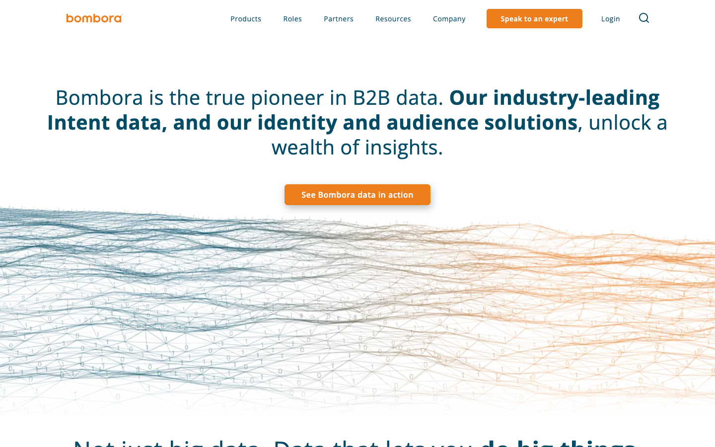 Bombora homepage showing B2B intent data pioneer branding with industry-leading Company Surge product