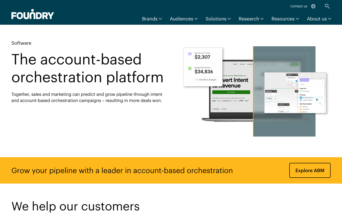 Foundry ABM platform page showing account-based orchestration platform with product UI screenshots