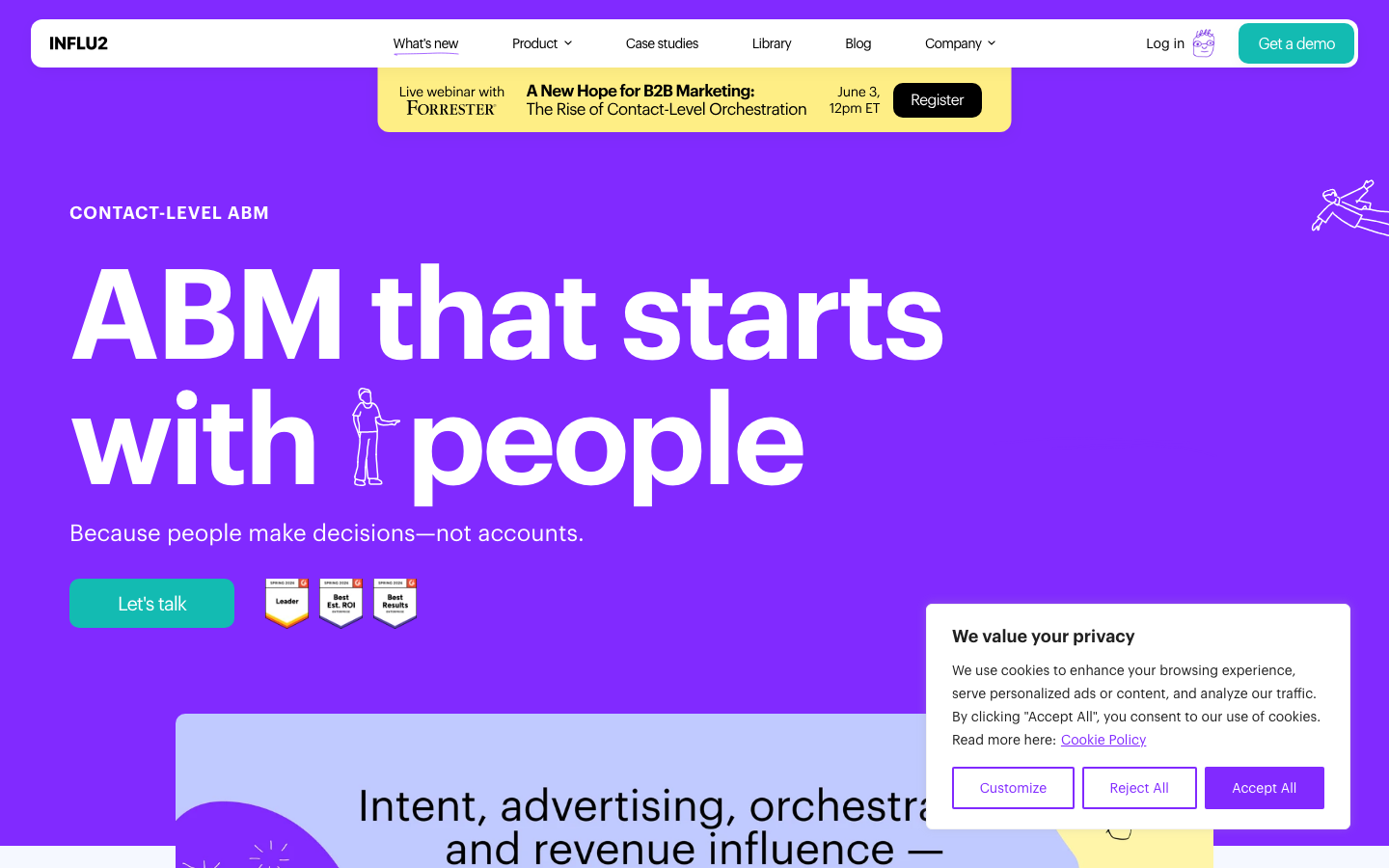 Influ2 homepage with ABM that starts with people headline showing contact-level orchestration branding