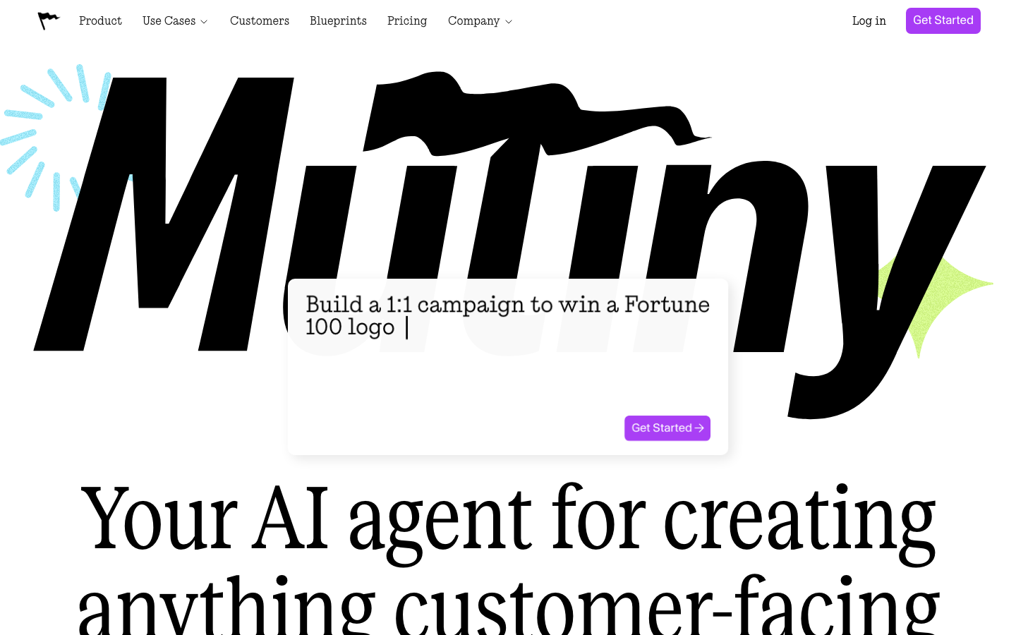 Mutiny homepage showing AI agent for ABM campaigns with Build a 1:1 campaign prompt and bold Mutiny branding