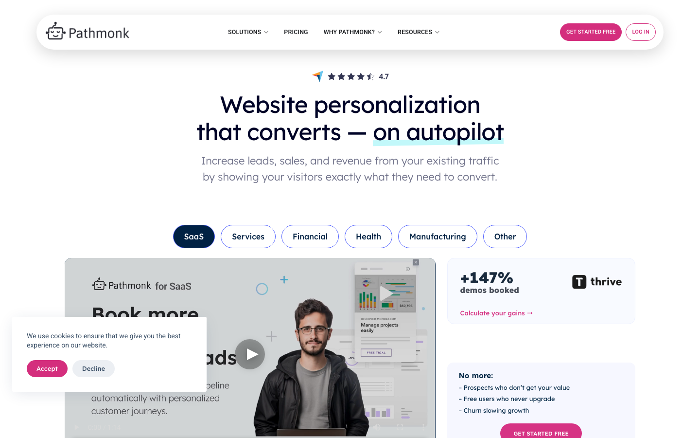 Pathmonk homepage showing Website personalization that converts headline with SaaS product UI