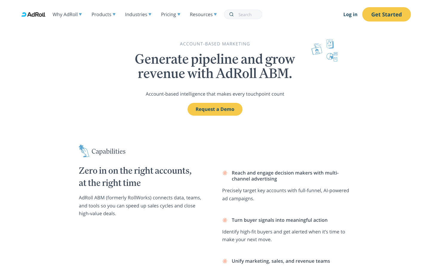 AdRoll ABM platform page showing Generate pipeline and grow revenue headline with capabilities section