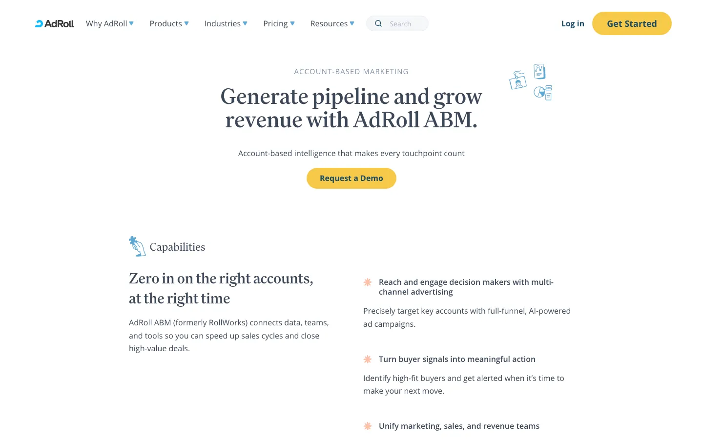 AdRoll ABM platform page showing Generate pipeline and grow revenue headline with capabilities section