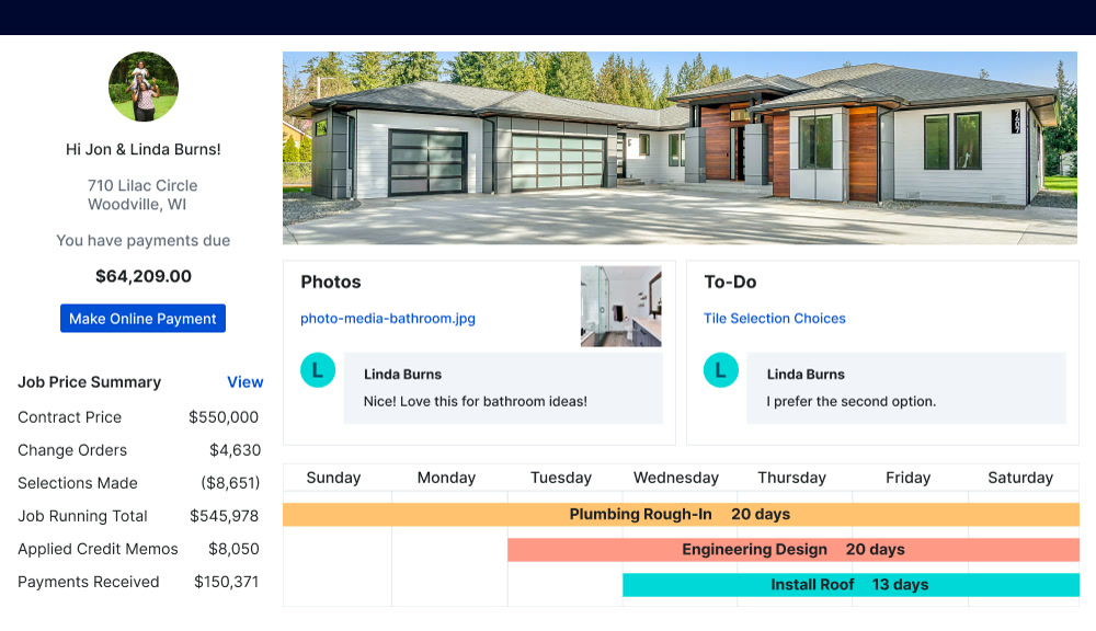 Buildertrend owner portal showing job price summary with contract price, change orders, and payments received