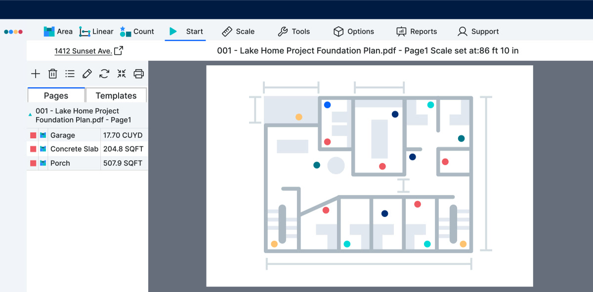 Buildertrend takeoff tool measuring area and count off a foundation plan for estimating
