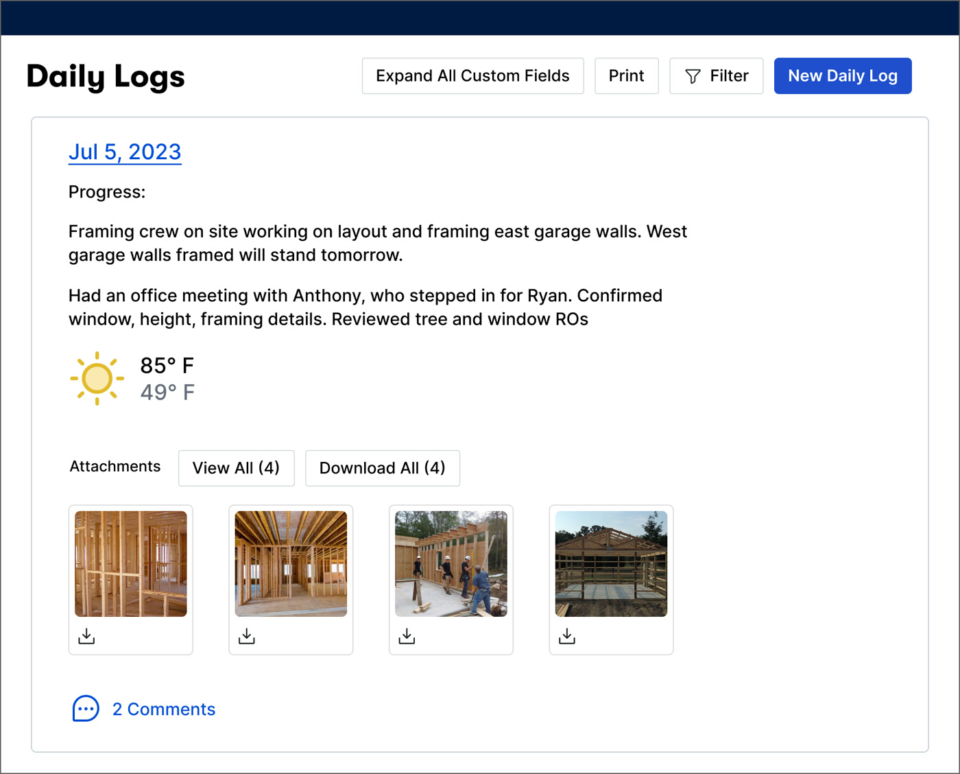 Buildertrend daily log entry with progress notes, weather, and jobsite photo attachments