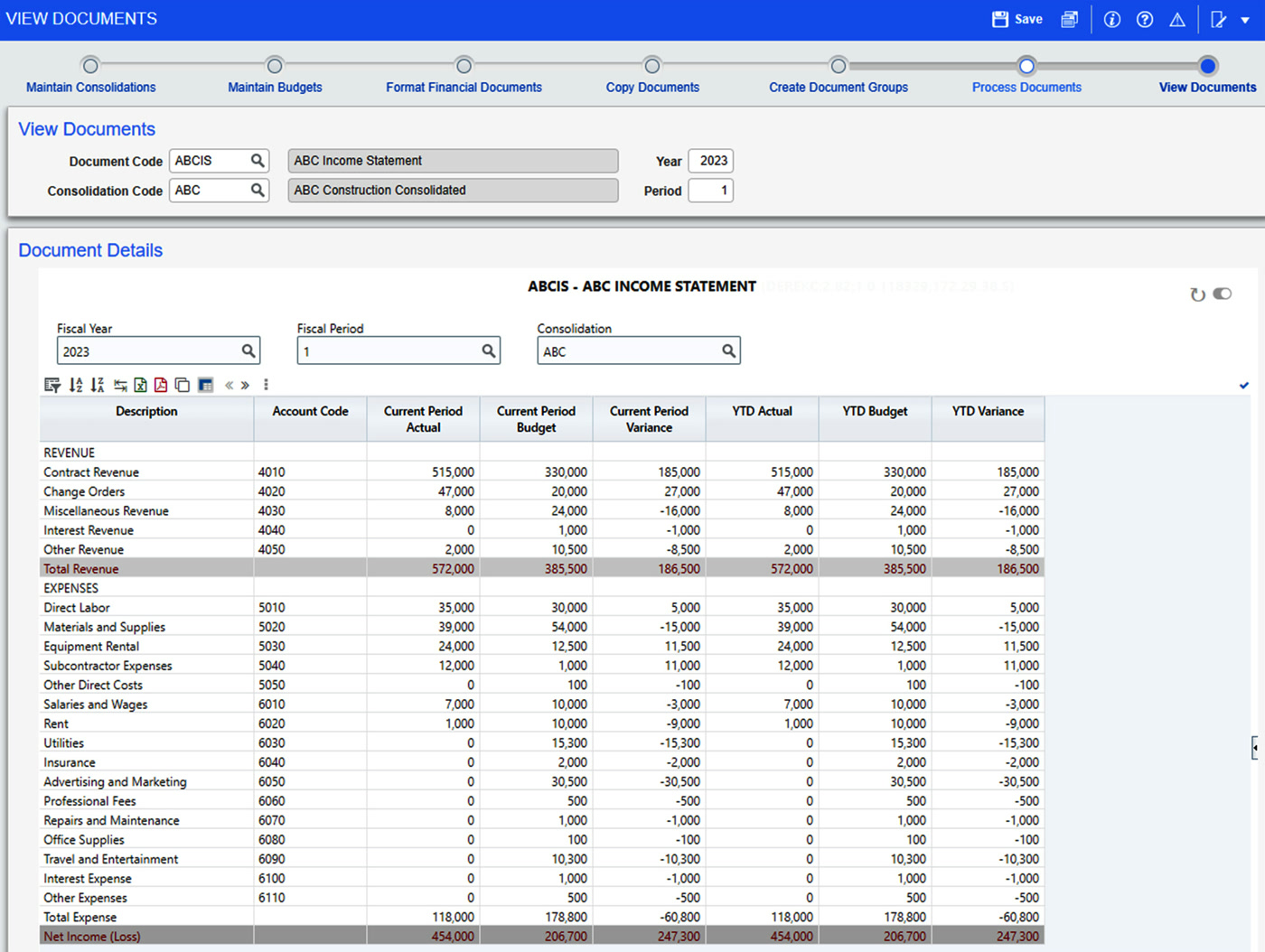 CMiC financials showing an income statement with revenue, expenses, and net income by account