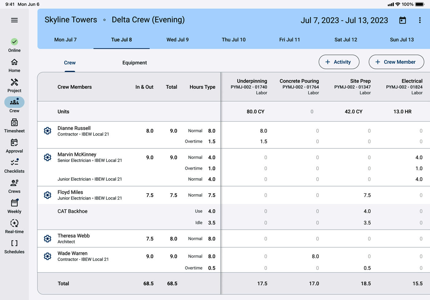 CMiC mobile crew timesheet capturing labor hours by cost code for a job