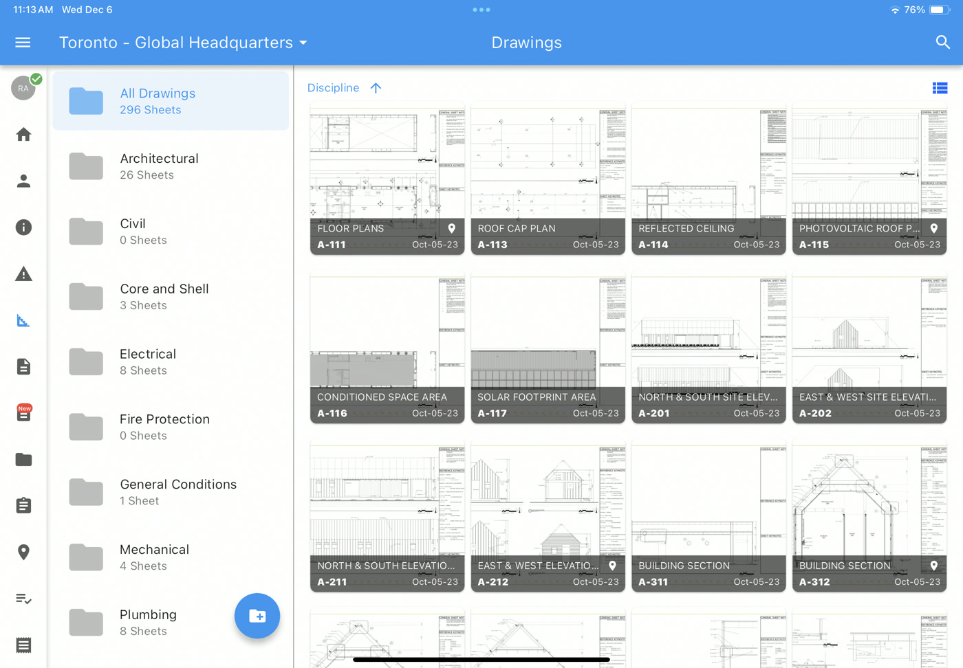 CMiC drawings viewer listing project sheets across disciplines