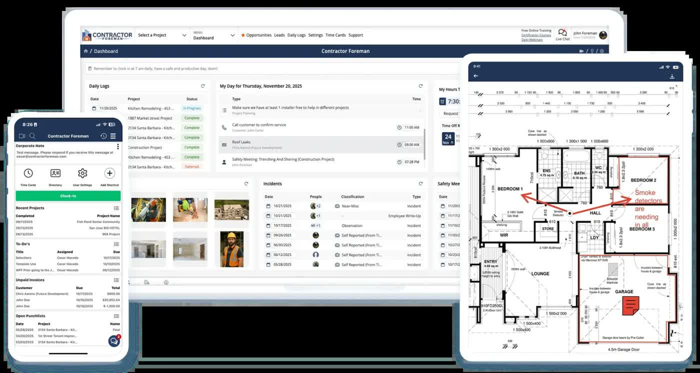 Contractor Foreman dashboard, mobile app, and blueprint markup tool shown together in the product overview