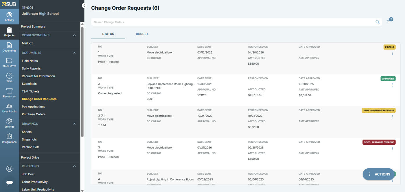 eSUB change order requests list showing status, amount quoted, and amount approved for a school project