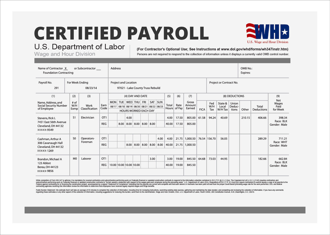 FOUNDATION certified payroll WH-347 form generated for a federal prevailing-wage job