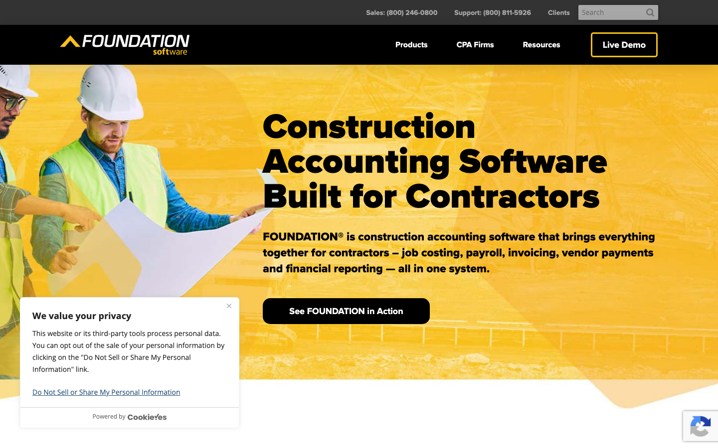 FOUNDATION construction accounting software homepage showing job costing and payroll modules