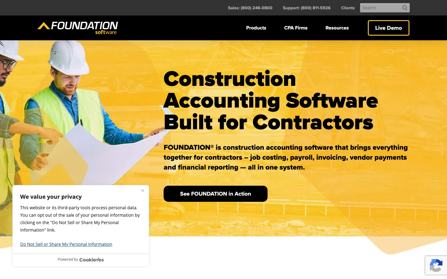 FOUNDATION construction accounting software homepage showing job costing and payroll modules