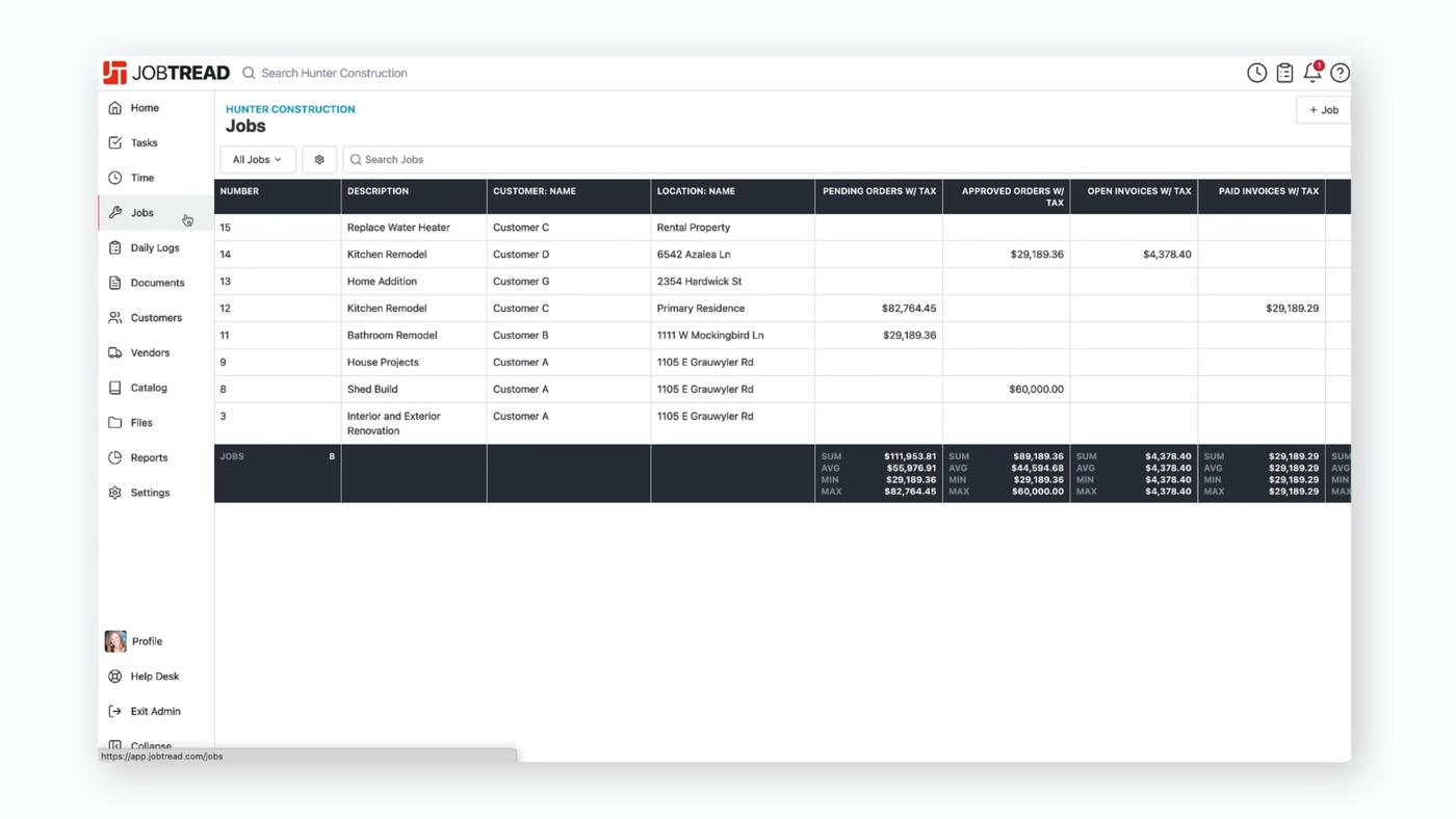 JobTread jobs list showing customers, pending and approved orders, and invoiced totals by job