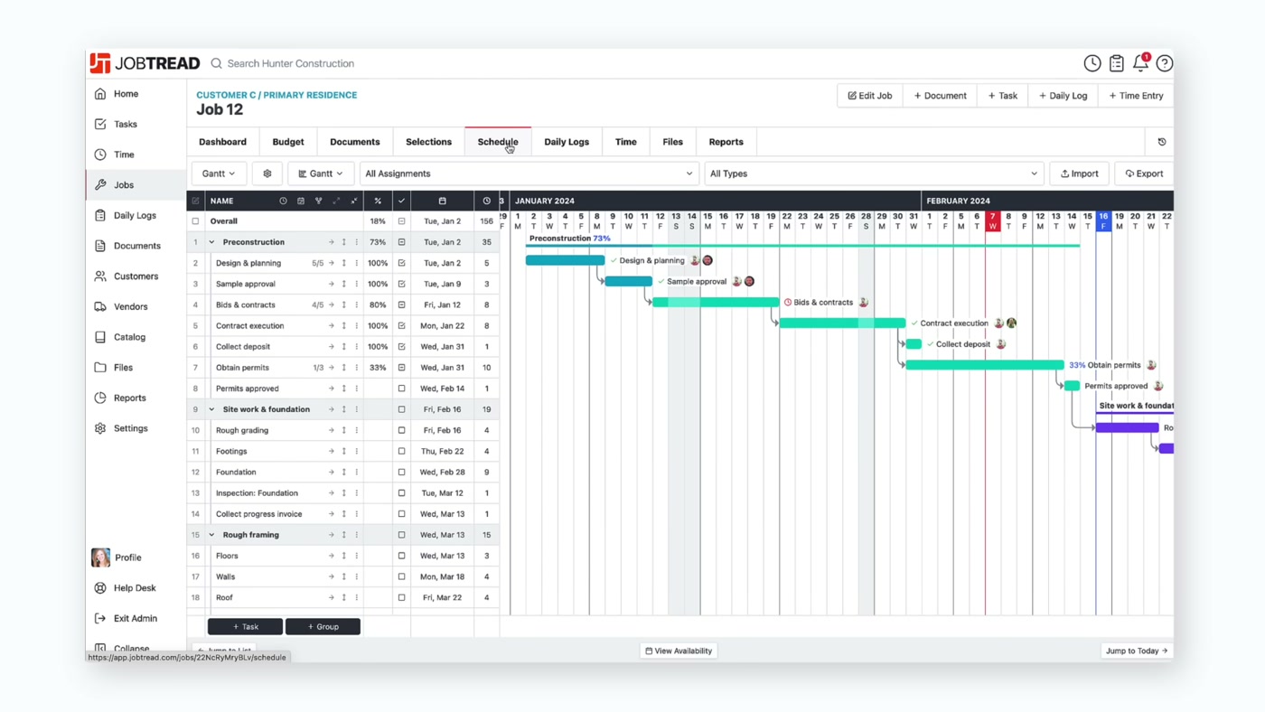 JobTread schedule Gantt chart sequencing job tasks with dependencies
