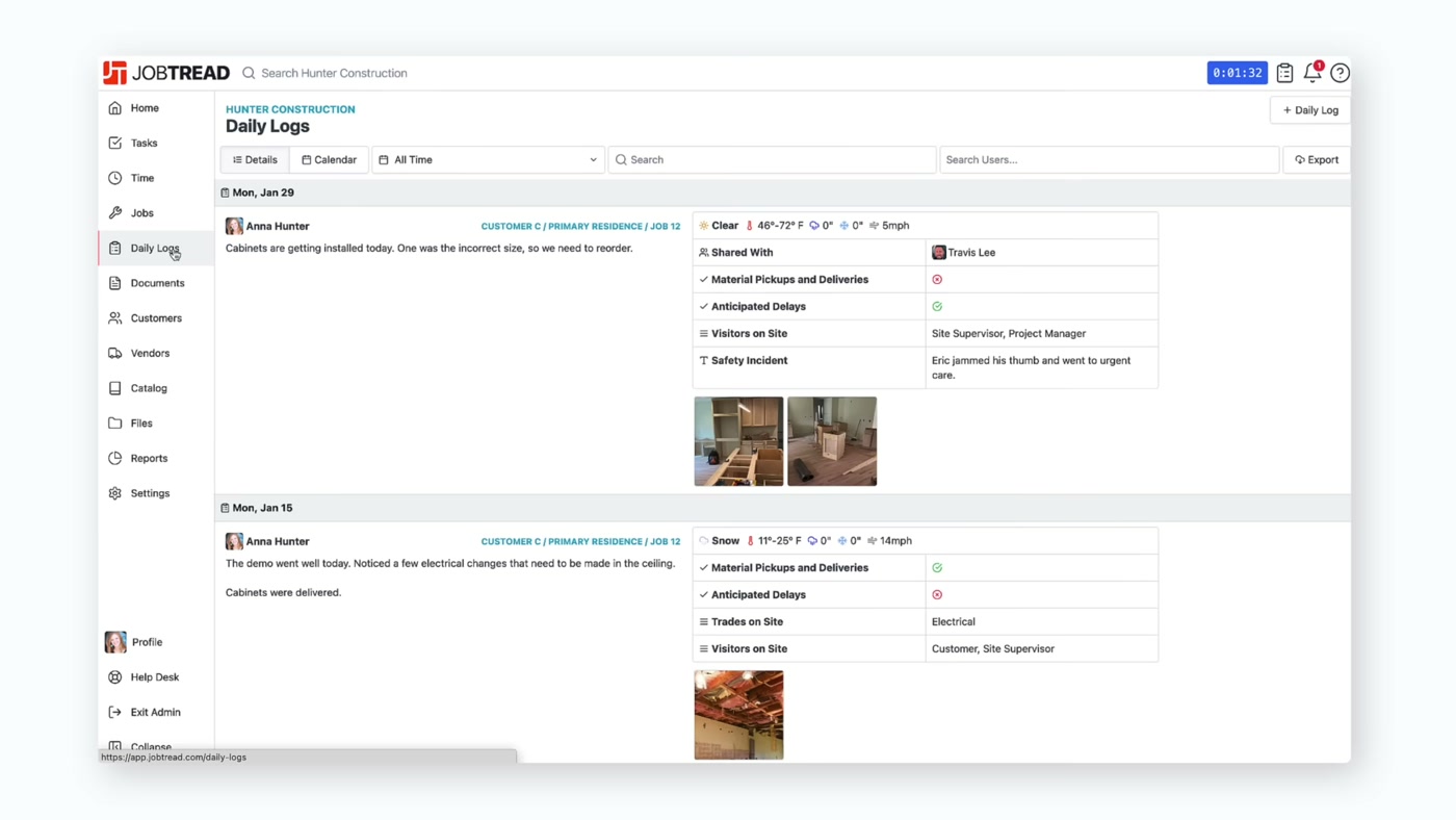 JobTread daily log with progress notes, weather, and jobsite photos