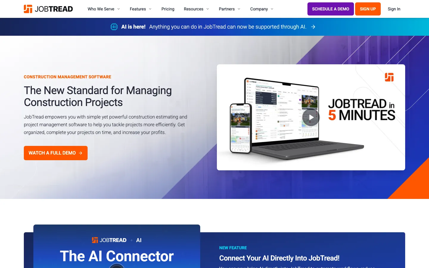 JobTread construction management software homepage showing job costing and client proposals