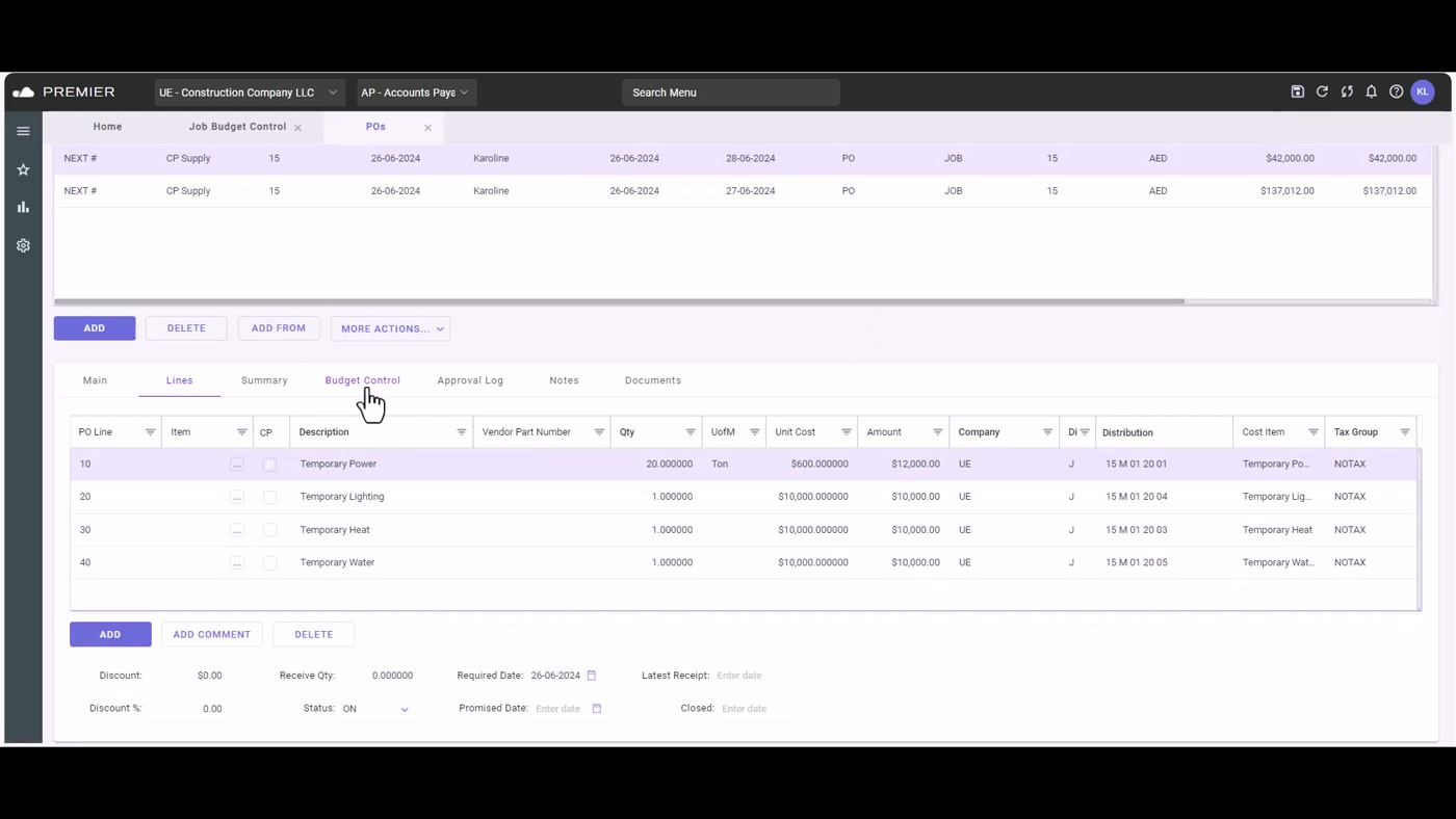 Premier Construction Software accounts payable invoice list ready for review and posting
