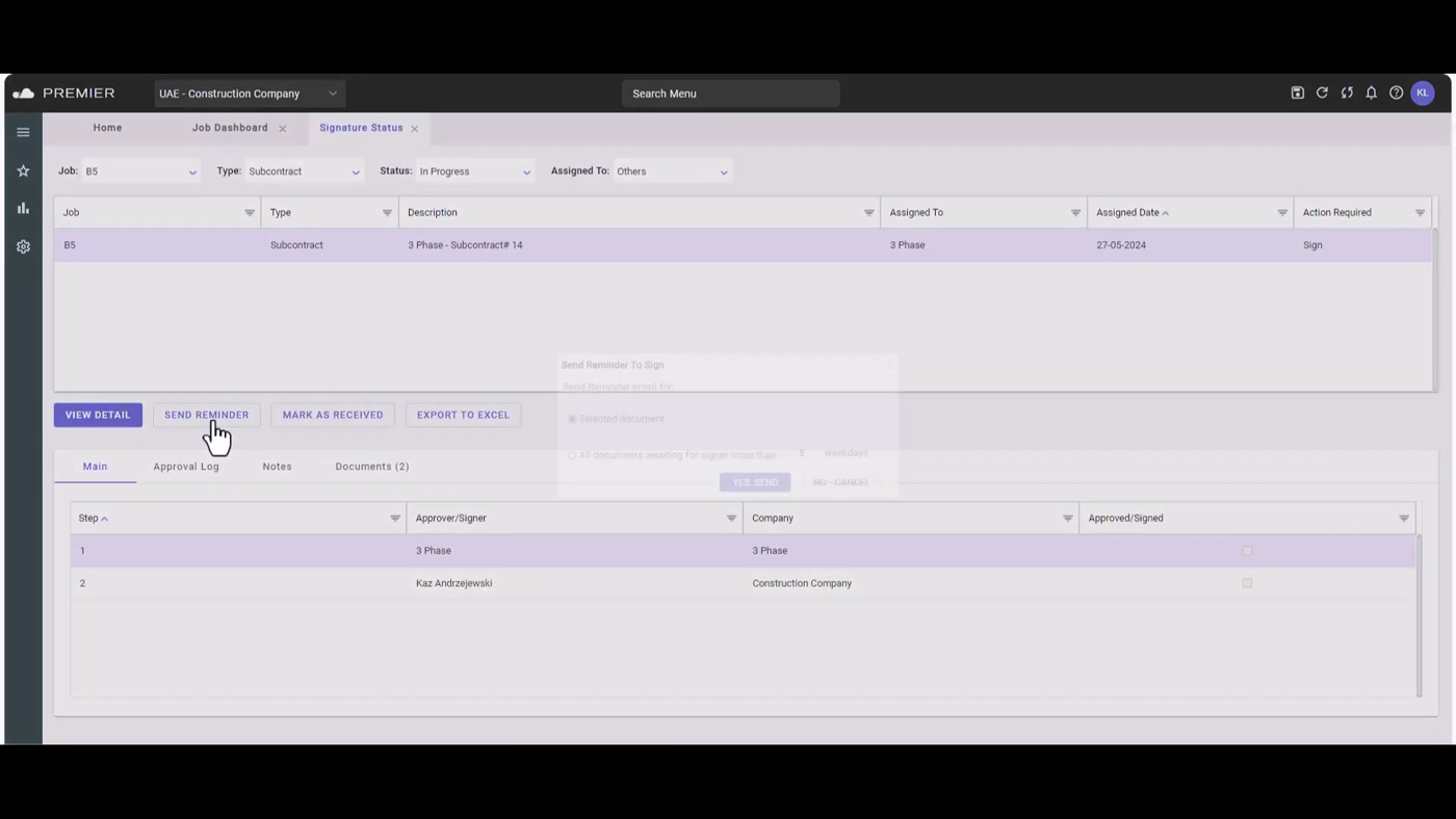 Premier Construction Software project dashboard with job approvals and cost detail