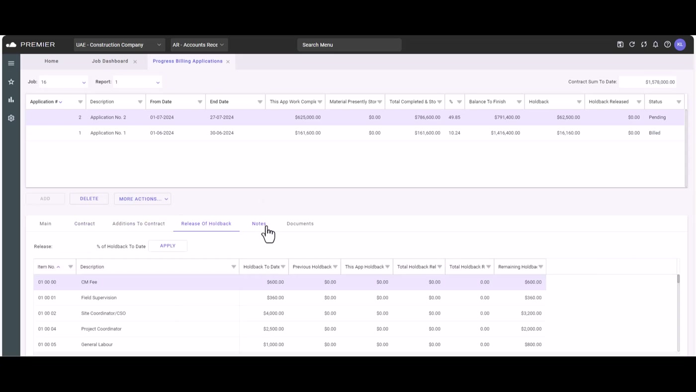 Premier Construction Software progress billing application showing schedule of values by line
