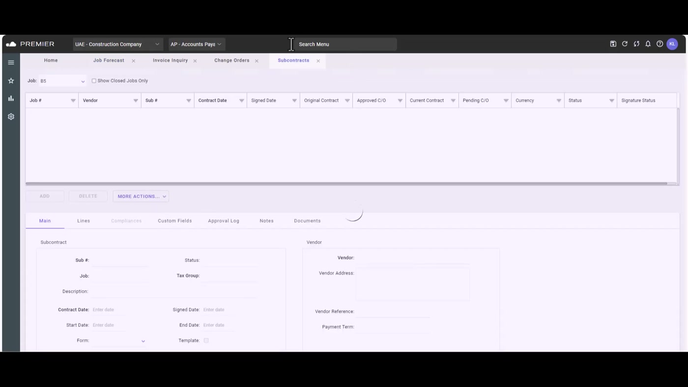 Premier Construction Software cost and budget table showing committed and actual cost by line