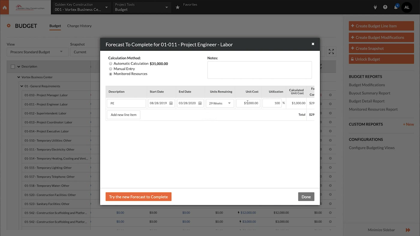 Procore forecast to complete dialog calculating remaining labor cost on a budget line