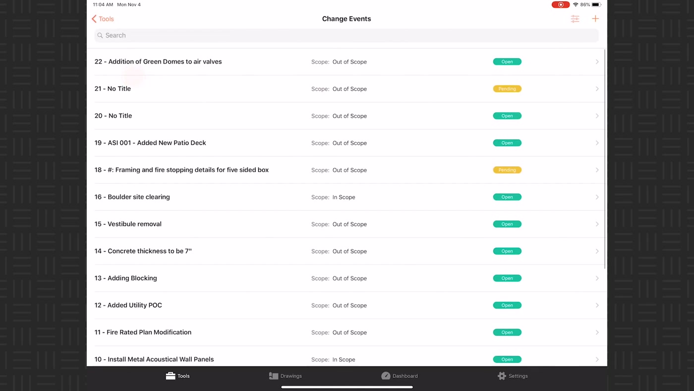 Procore change events list showing scope status for each event on the project