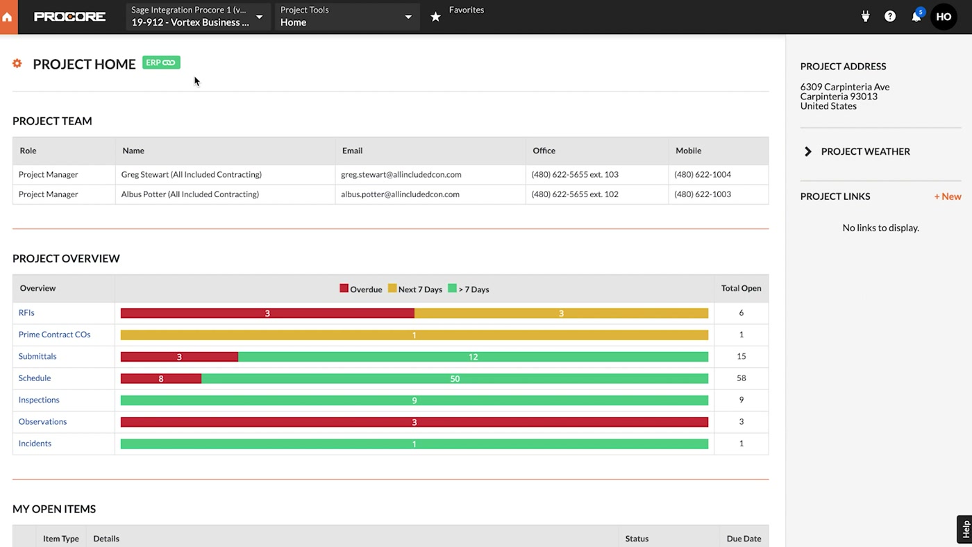 Procore project home dashboard showing project team and open items by RFI, submittal, and schedule