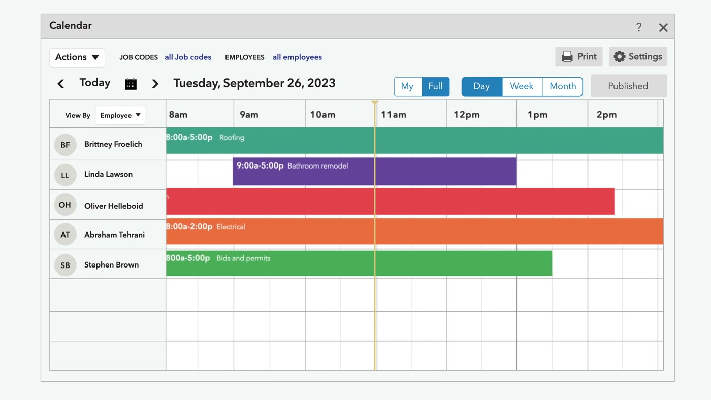 QuickBooks Enterprise job scheduling calendar showing crew assignments by job code across the day