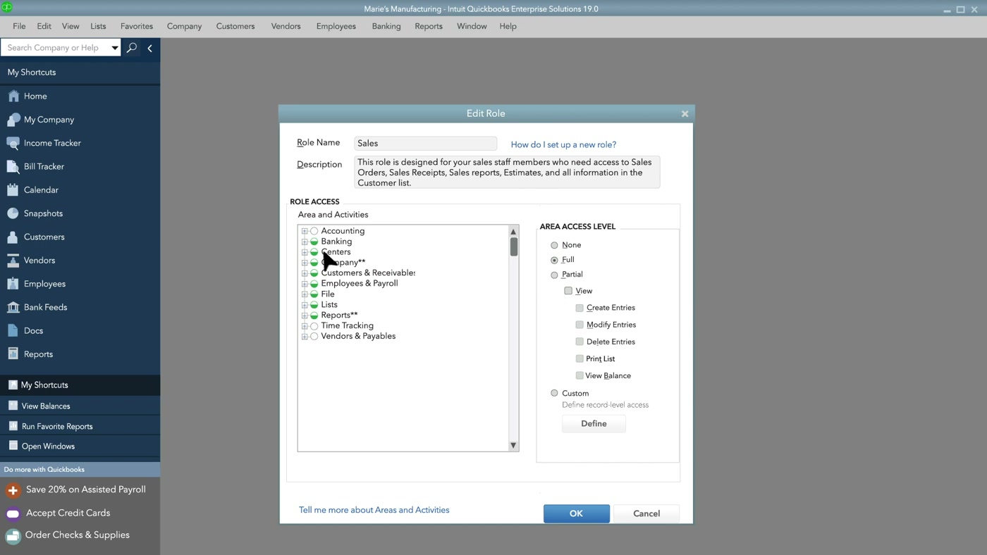 QuickBooks Desktop Enterprise interface with the edit role dialog for setting user access levels