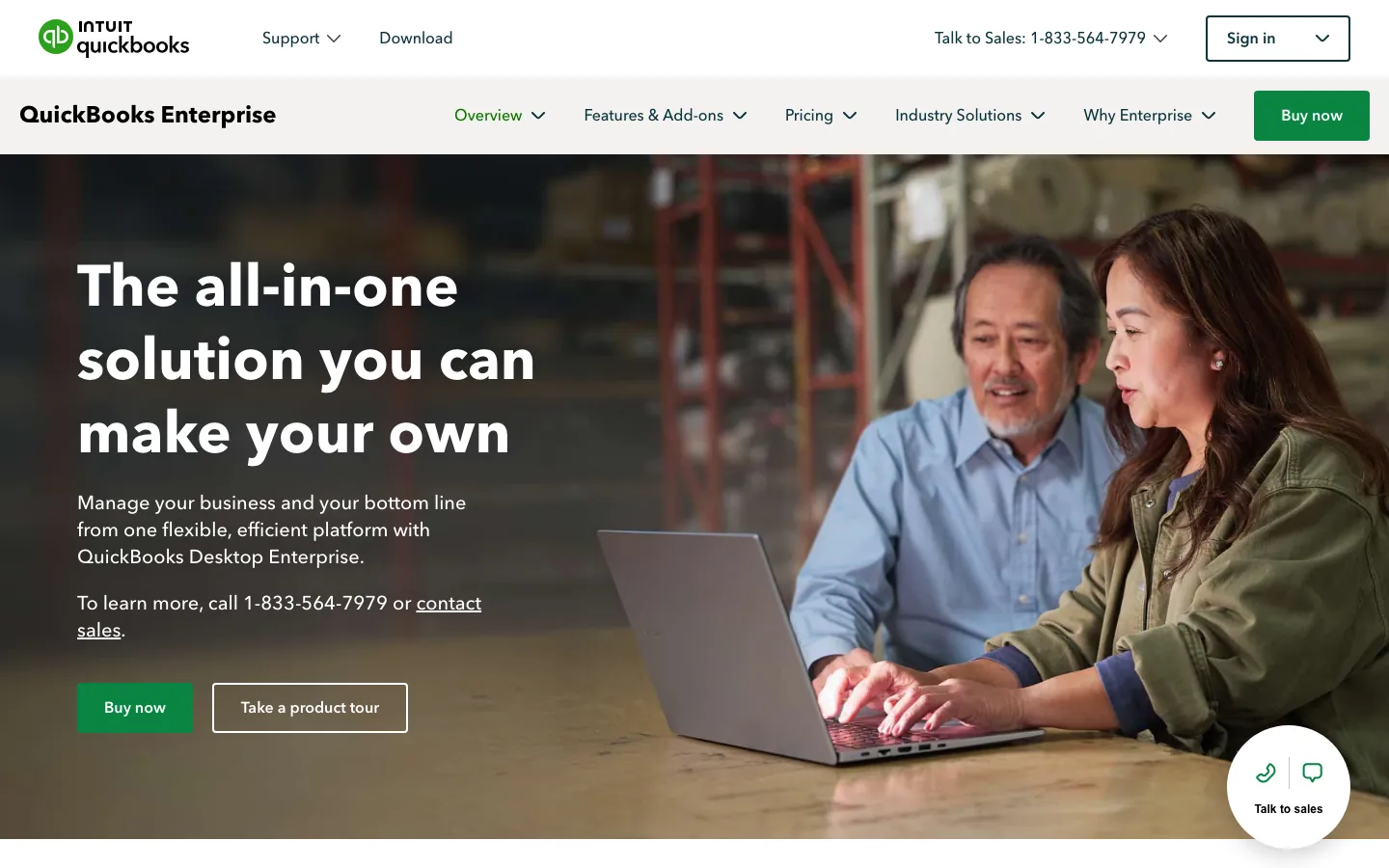 QuickBooks Desktop Enterprise Contractor Edition landing page showing job costing for construction