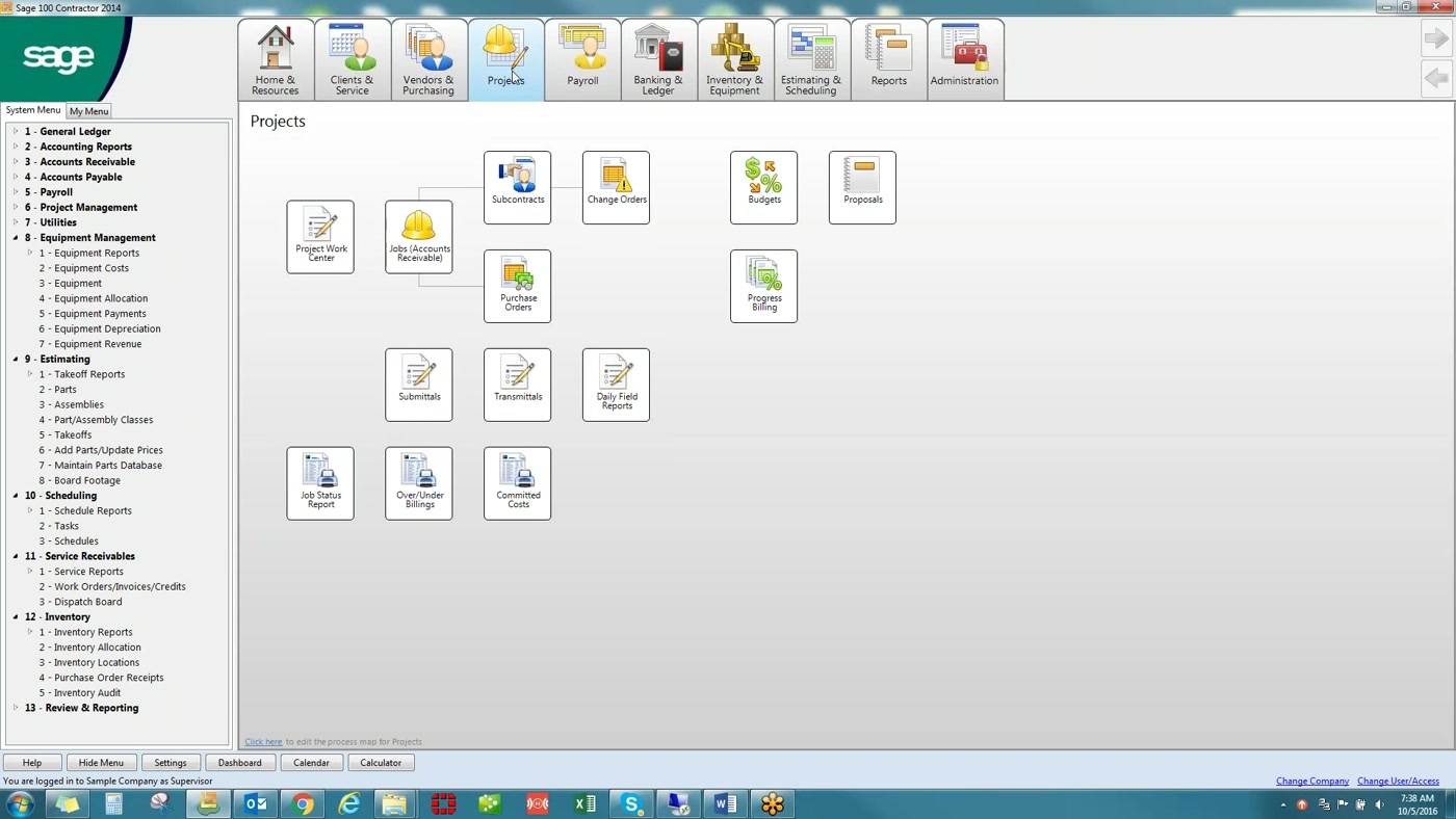 Sage 100 Contractor desktop Projects menu with job costing, change orders, and progress billing options