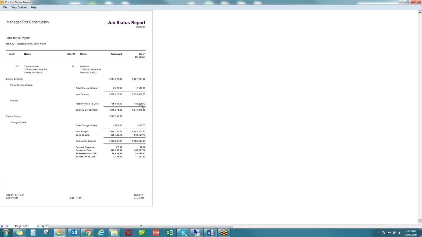 Sage 100 Contractor Job Status Report showing contract, change orders, billed to date, and percent complete