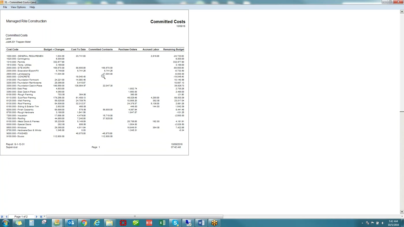 Sage 100 Contractor Committed Costs report by cost code with purchase orders and remaining budget