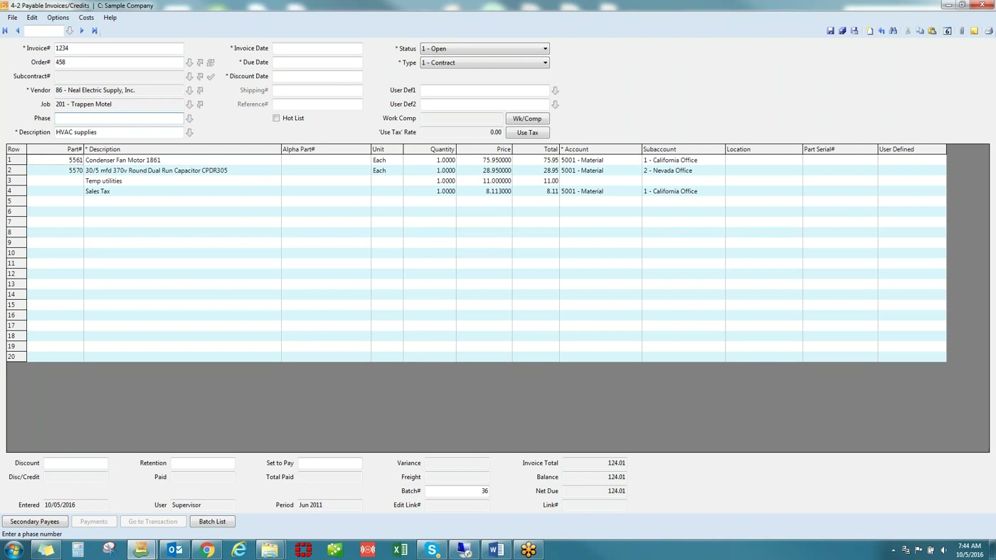 Sage 100 Contractor payable invoices entry with vendor, job, and line item cost coding