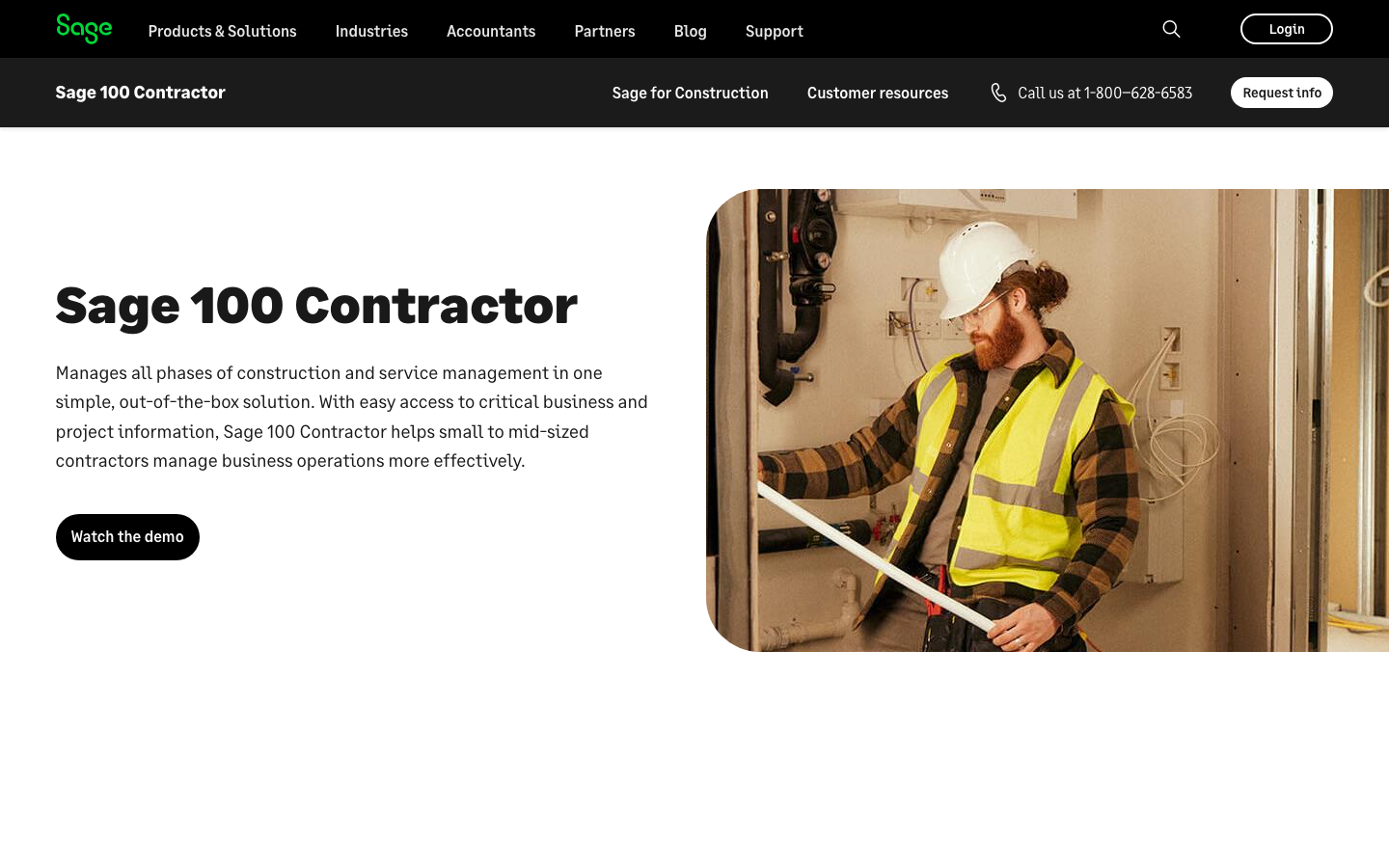 Sage 100 Contractor product page showing job costing and estimating for small construction firms