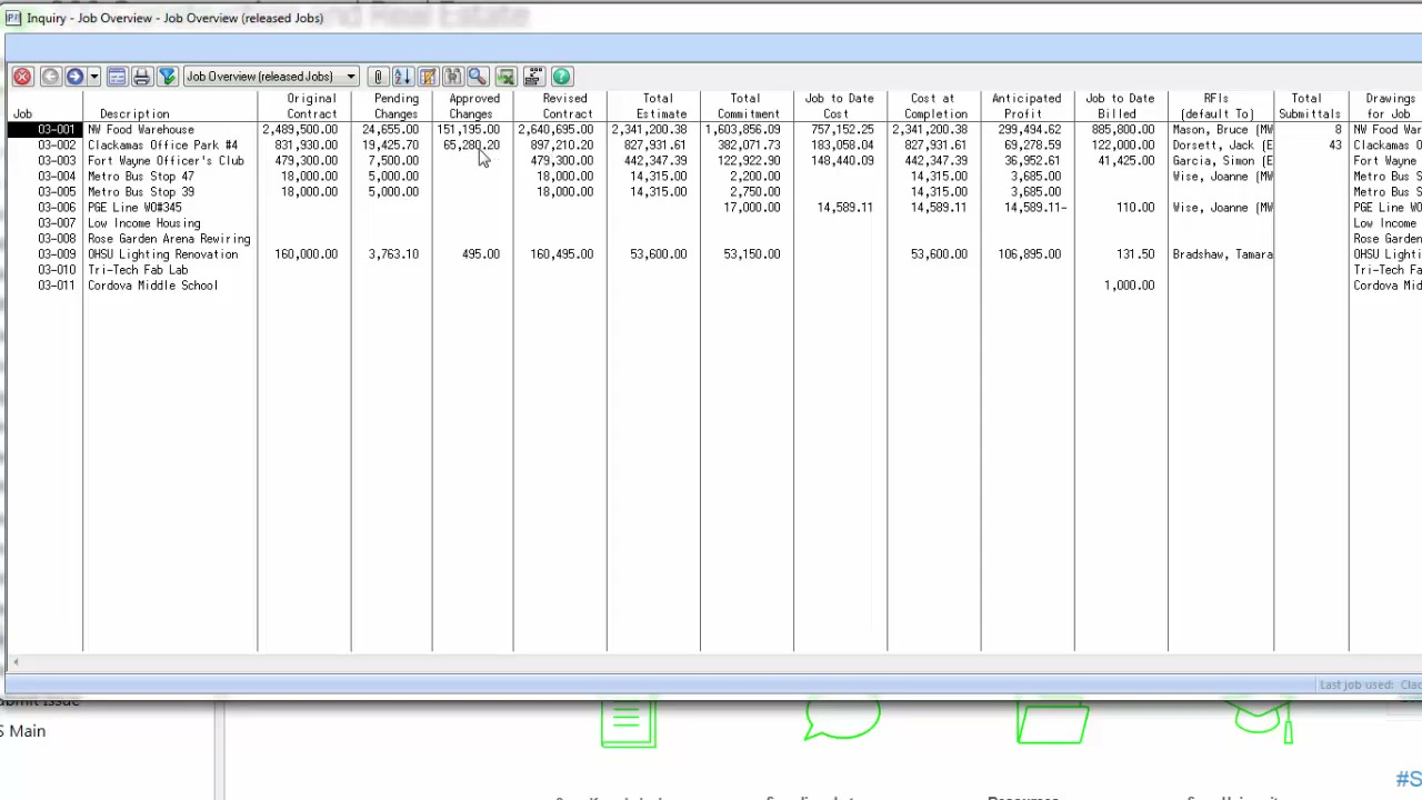 Sage 300 CRE job overview inquiry showing contract, estimate, commitment, and anticipated profit by job