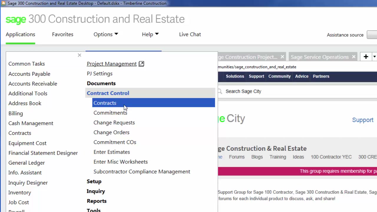 Sage 300 CRE applications menu listing accounts payable, general ledger, job cost, and contract control