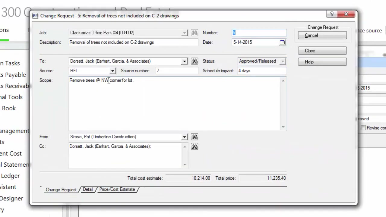 Sage 300 CRE change request form capturing scope, cost estimate, and schedule impact