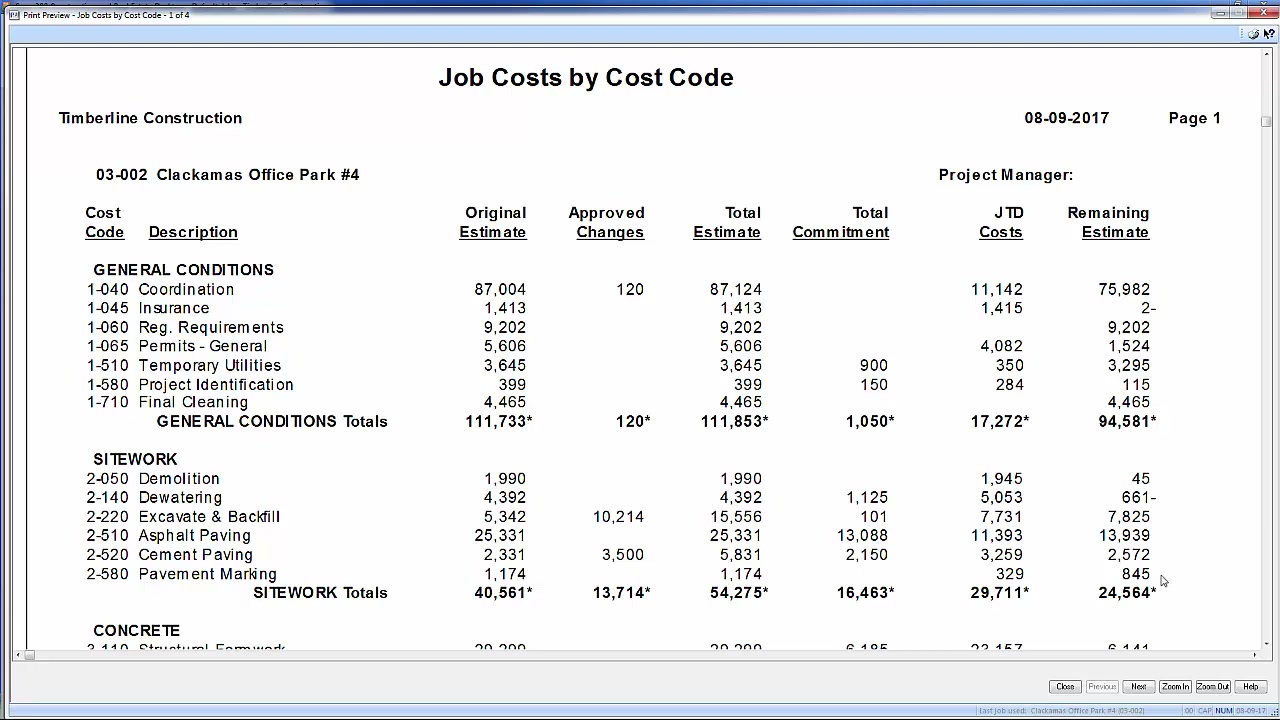 Sage 300 CRE job costs by cost code report with original estimate, commitment, and remaining estimate