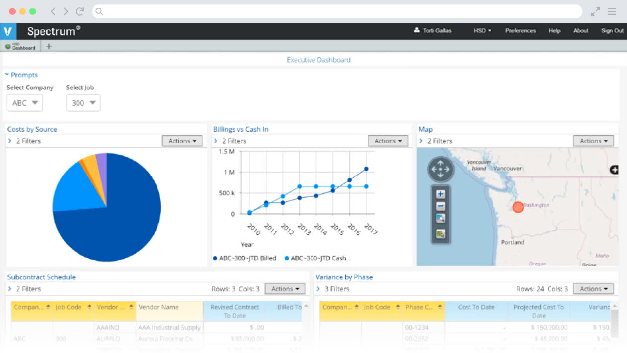 Viewpoint Spectrum executive dashboard with costs by source, billings versus cash in, and a job location map