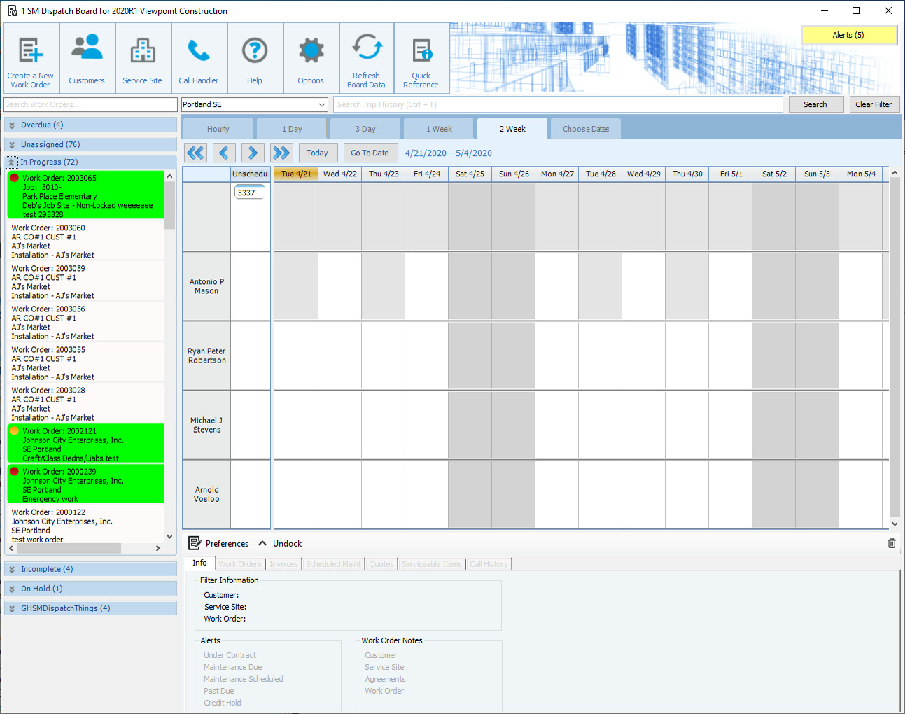 Viewpoint Vista service management dispatch board scheduling work orders across technicians and days