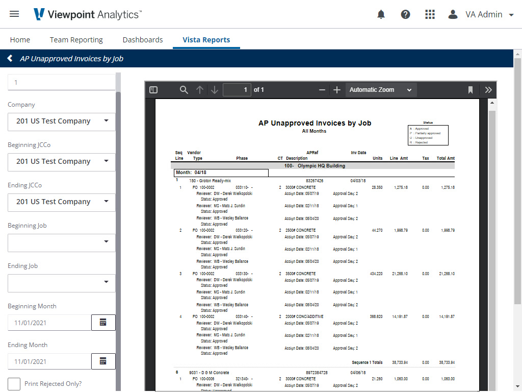 Viewpoint Vista accounts payable unapproved invoices by job report inside Viewpoint Analytics