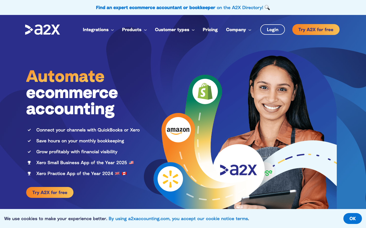 A2X homepage showing accurate ecommerce accounting automation for Amazon, Shopify and Walmart sellers