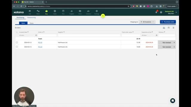 Katana Cloud Inventory purchasing screen showing open purchase orders with order value and expected arrival dates